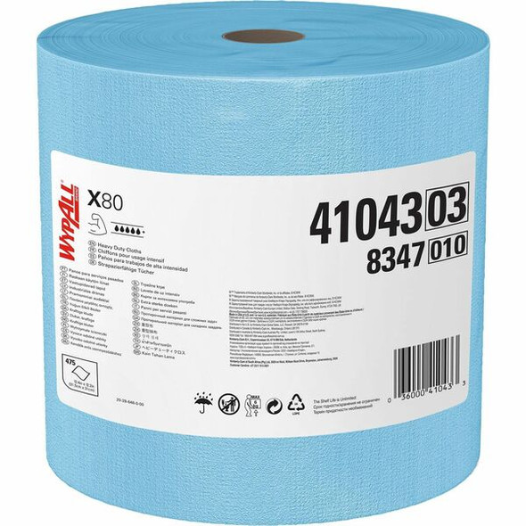 Wypall PowerClean X80 Heavy Duty Cloths Jumbo Roll - 12.50" x 12.20" - 475 Sheets/Roll - Blue - Cloth - Reusable, Eco-friendly, Absorbent, Durable - For Industry - 1 Each