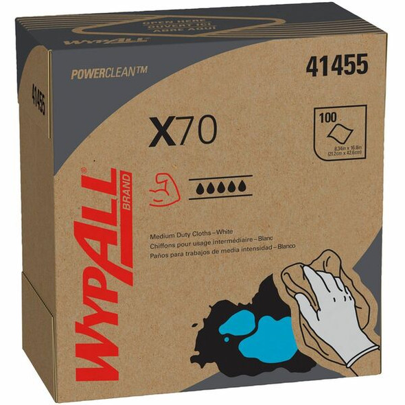 Wypall PowerClean X70 Medium Duty Cloths - Pop-Up Box - 8.34" x 16.80" - White - Hydroknit - Durable, Absorbent, Strong, Reusable, Embossed - For Multipurpose - 100 Per Box - 100 / Box