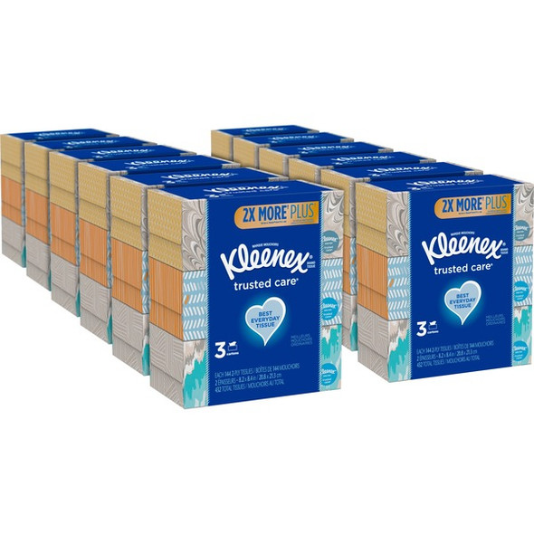 Kleenex Trusted Care Facial Tissues - 2 Ply - 8.20" x 8.40" - White - Strong, Soft, Absorbent, Durable - For Home, Office, School - 144 Per Box - 12 / Carton