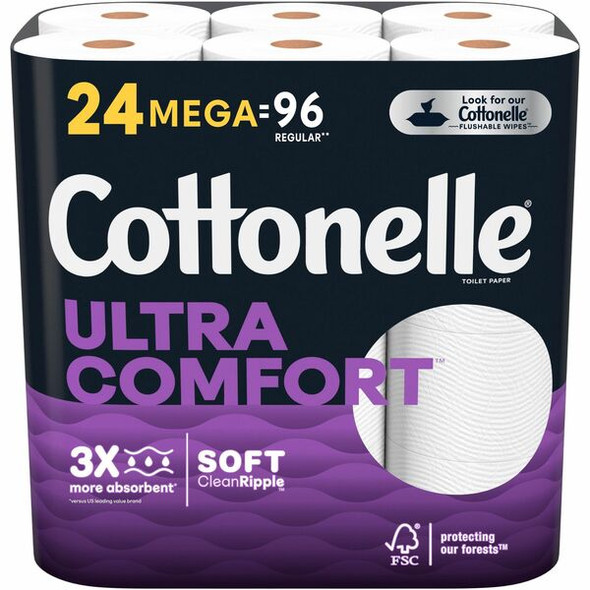 Cottonelle Ultra Comfort Toilet Paper - 2 Ply - 268 Sheets/Roll - White - Fiber - Moisture Absorbent, Septic Safe, Sewer-safe, Chemical-free, Dye-free, Flushable, Clog Safe, Thick, Paraben-free, Fragrance-free - For Toilet - 24 / Pack