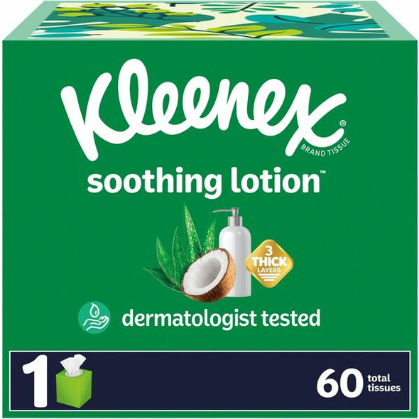 Kleenex Soothing Lotion Tissues - 3 Ply - White - Moisturizing, Soft - For Face, Home, Office, Business, Skin - 60 Per Box - 1 Each