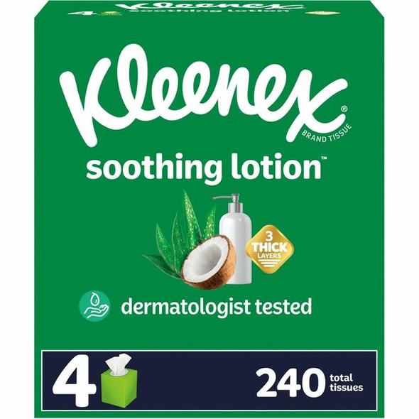 Kleenex Soothing Lotion Tissues - 3 Ply - White - Moisturizing, Soft, Strong - For Face, Home, Office, Business, Skin - 60 Per Box - 4 / Pack