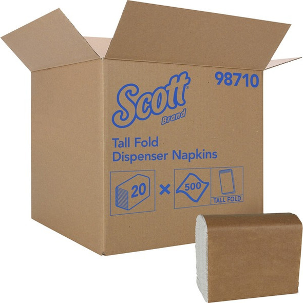 Scott Tall-Fold Paper Napkins - 1 Ply - Tall Fold - 6.60" x 13.20" - 10000 Sheets - White - Fiber - Disposable, Absorbent - For Dinner, Lunch, Breakroom, Cafeteria, Education, Business - 500 Per Pack - 10000 / Carton