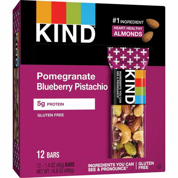 KIND Pomegranate Blueberry Pistachio Nut Bars - Gluten-free, Cholesterol-free, Individually Wrapped, Sodium-free, Non-GMO - Pomegranate Blueberry Pistachio - 1.40 oz - 12 / Box