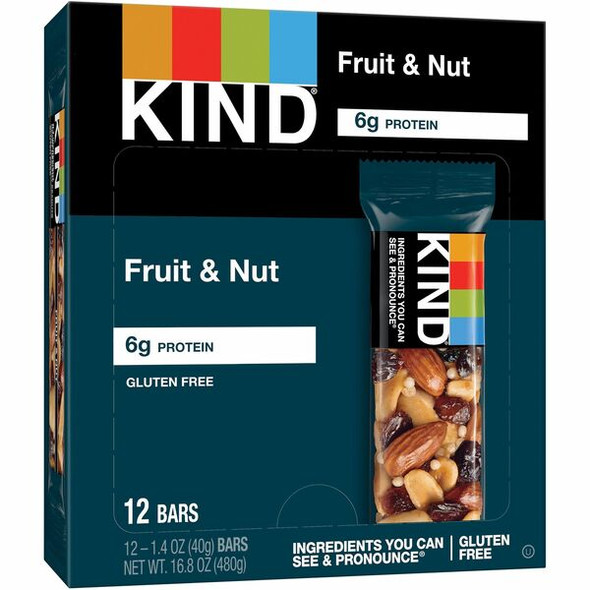 KIND Fruit and Nut Bar - Individually Wrapped, Non-GMO, Gluten-free, Dairy-free, Cholesterol-free, Fat-free, Sulfur dioxide-free - Fruit & Nut - 1.40 oz - 12 / Box