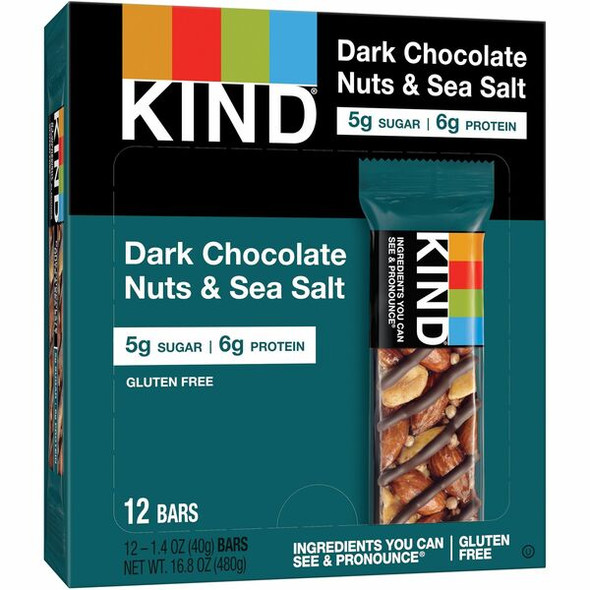 KIND Dark Chocolate Nuts/Sea Salt Snack Bars - Gluten-free, Non-GMO- 1.40 oz - 12 / Box