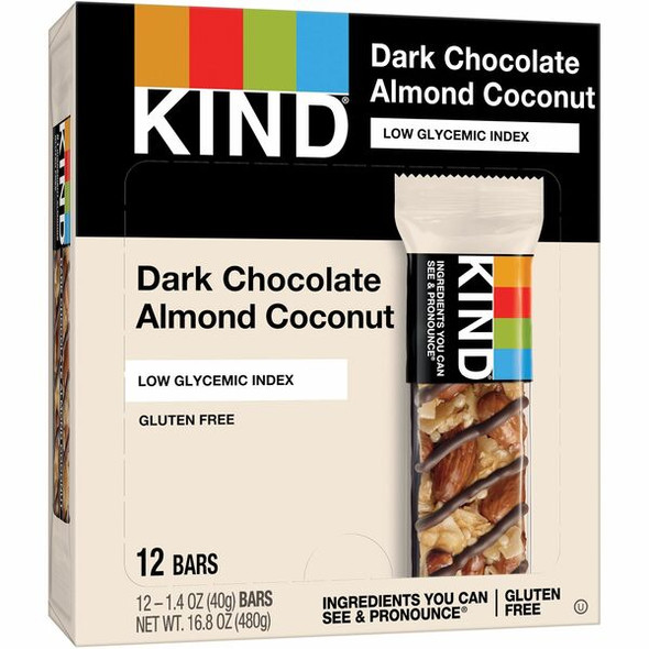 KIND Dark Chocolate Almond Coconut Nut Bars - Gluten-free, Non-GMO, Sodium-free, Cholesterol-free, Fat-free, Individually Wrapped - Dark Chocolate Almond Coconut - Box - 1.40 oz - 12 / Box