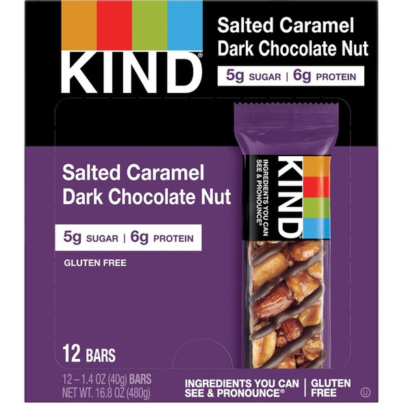 KIND Salted Caramel Dark Chocolate Nut Bars - Gluten-free, Trans Fat Free, Sulfur dioxide-free, Low Sodium, No Artificial Flavor, Low Glycemic - Salted Caramel Dark Chocolate Nut - 1.40 oz - 12 / Box