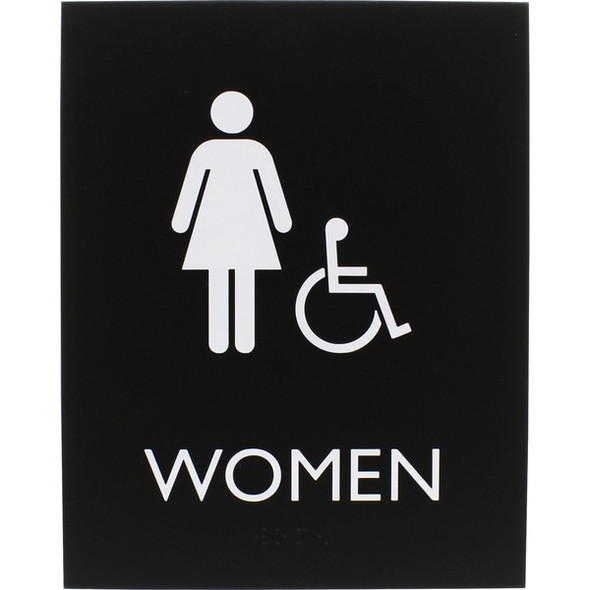 Lorell Restroom Sign - 1 Each - Women Print/Message - 6.4" Width x 8.5" Height - Rectangular Shape - Surface-mountable - Easy Readability, Braille - Plastic - Black