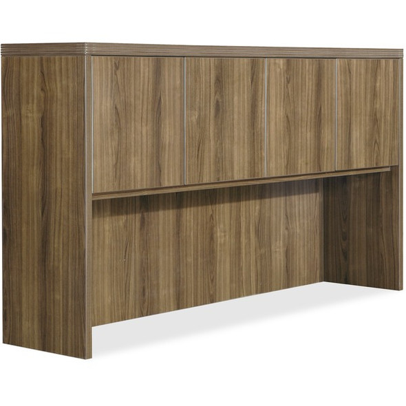 Lorell Chateau Series Walnut Laminate Desking - 70.9" x 14.8"36.5" Hutch, 1.5" Top - 4 Door(s) - Reeded Edge - Material: P2 Particleboard - Finish: Walnut, Laminate - For Office