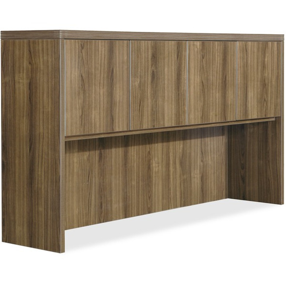 Lorell Chateau Series Walnut Laminate Desking - 66.1" x 14.8"36.5" Hutch, 1.5" Top - 4 Door(s) - Reeded Edge - Material: P2 Particleboard - Finish: Walnut, Laminate - For Office