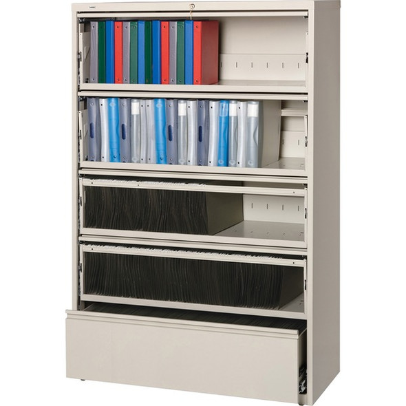 Lorell Receding Lateral File with Roll Out Shelves - 5-Drawer - 42" x 18.6" x 68.8" - 5 x Drawer(s) for File - Legal, Letter, A4 - Recessed Handle, Ball-bearing Suspension, Leveling Glide, Heavy Duty, Interlocking - Putty - Steel - Recycled