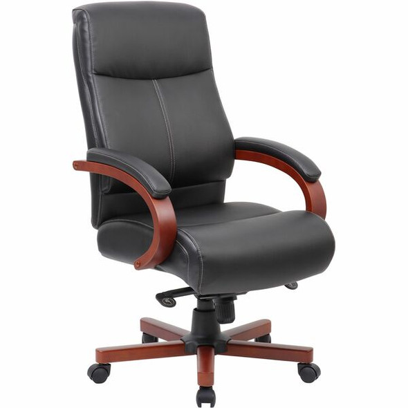 Lorell Executive Chair - Black Bonded Leather Seat - Black Bonded Leather Back - High Back - Black, Mahogany - 1 Each