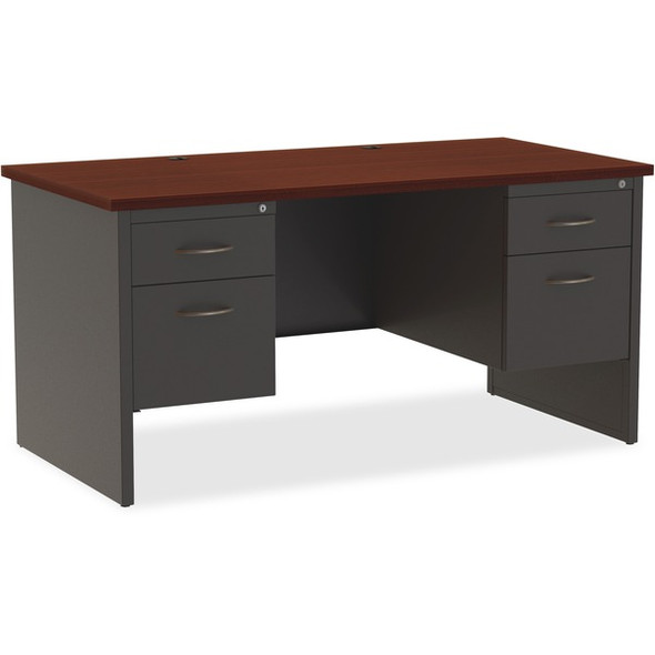 Lorell Mahogany Laminate/Charcoal Modular Desk Series Pedestal Desk - 2-Drawer - 60" x 30" , 1.1" Top - 2 x Box, File Drawer(s) - Double Pedestal - Material: Steel - Finish: Mahogany Laminate, Charcoal