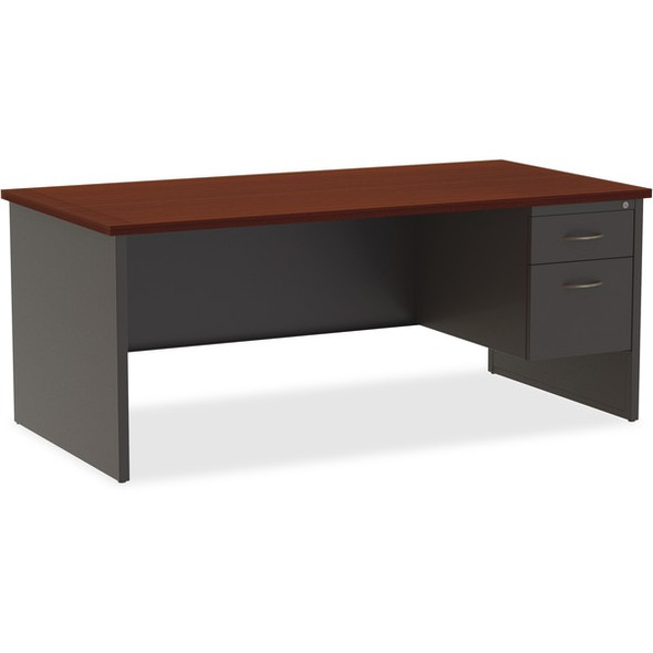 Lorell Mahogany Laminate/Charcoal Modular Desk Series Pedestal Desk - 2-Drawer - 72" x 36" , 1.1" Top - 2 x Box, File Drawer(s) - Single Pedestal on Right Side - Material: Steel - Finish: Mahogany Laminate, Charcoal