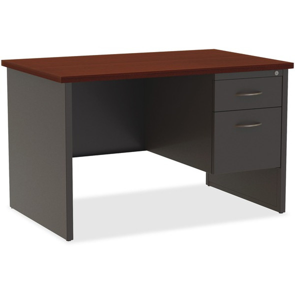 Lorell Mahogany Laminate/Charcoal Modular Desk Series Pedestal Desk - 2-Drawer - 48" x 30" , 1.1" Top - 2 x Box, File Drawer(s) - Single Pedestal on Right Side - Material: Steel - Finish: Mahogany Laminate, Charcoal