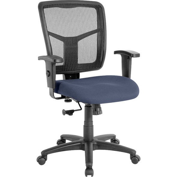 Lorell Ergomesh Mid Back Swivel Mesh Chair - Dillon Ocean Antimicrobial Vinyl Seat - Black Mesh Back - Black Frame - Mid Back - 5-star Base - Blue, Ocean - 1 Each