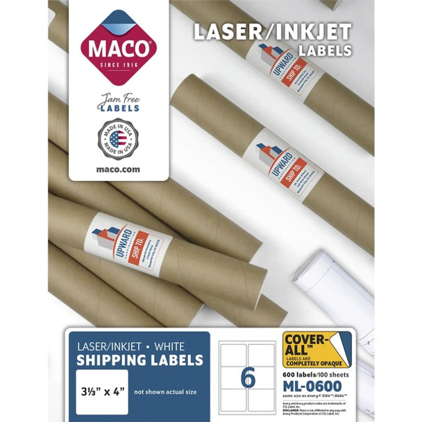 MACO White Laser/Ink Jet Shipping Label - 3 21/64" Width x 4" Length - Rectangle - Laser, Inkjet - White - 6 / Sheet - 600 / Box - Lignin-free