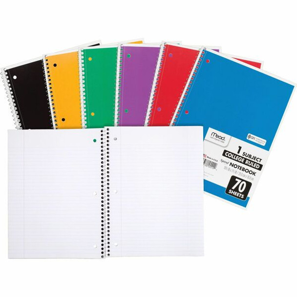 Mead One-subject Spiral Notebook - 70 Sheets - Spiral - College Ruled - 8" x 10 1/2" - White Paper - AssortedBoard Cover - Heavyweight, Punched - 1 Each