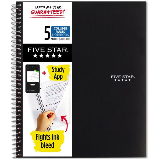 Five Star Notebook - 5 Subject(s) - 200 Sheets - Wire Bound - College Ruled - 3 Hole(s) - Letter - 8 1/2" x 11" - Black Cover - Bleed Resistant, Pocket, Perforated, Water Resistant, Spiral Lock, Acid-free, Pocket Divider - 1 Each