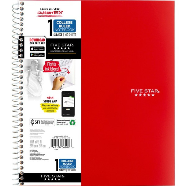 Five Star Wirebound Notebook - 1 Subject(s) - 100 Pages - Wire Bound - College Ruled - Letter - 8 1/2" x 11" - Red Cover - Double Sided Sheet, Durable, Water Resistant, Wear Resistant, Tear Proof, Spill Resistant, Pocket, Opaque - 1 Each