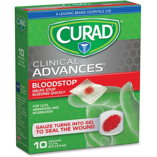 Curad Blood Stop Gauze Packets - 1" x 1" - 10/Box - 10 Per Box - White