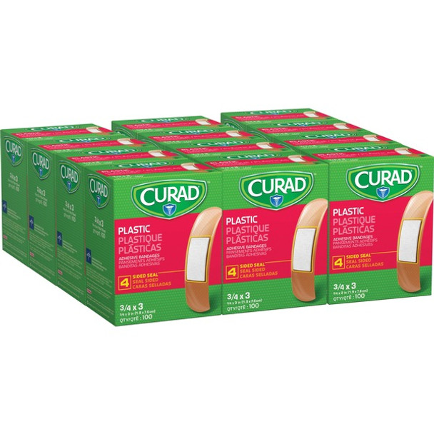 Curad Plastic Adhesive Bandages - 12/Carton - 100 Per Box - Tan - Plastic, Polyethylene