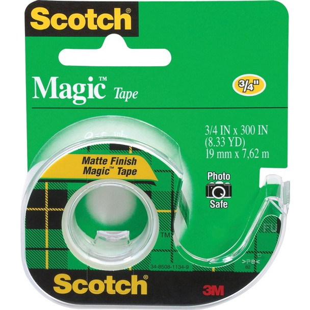 Scotch Magic Matte Finish Tape - 25 ft Length x 0.75" Width - 1" Core - Adhesive Backing - Dispenser Included - Handheld Dispenser - 12 / Box - Clear