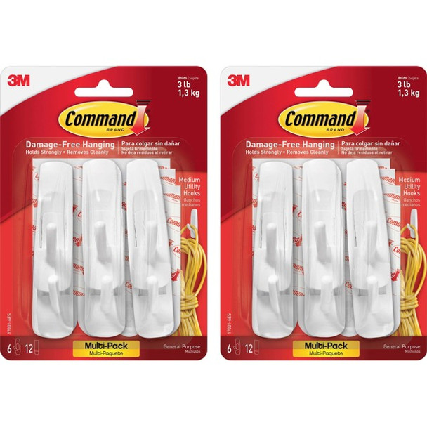 Command Medium Utility Hooks with Adhesive Strips - 3 lb (1.36 kg) Capacity - for Paint, Wood, Tile - White - 2 / Bag