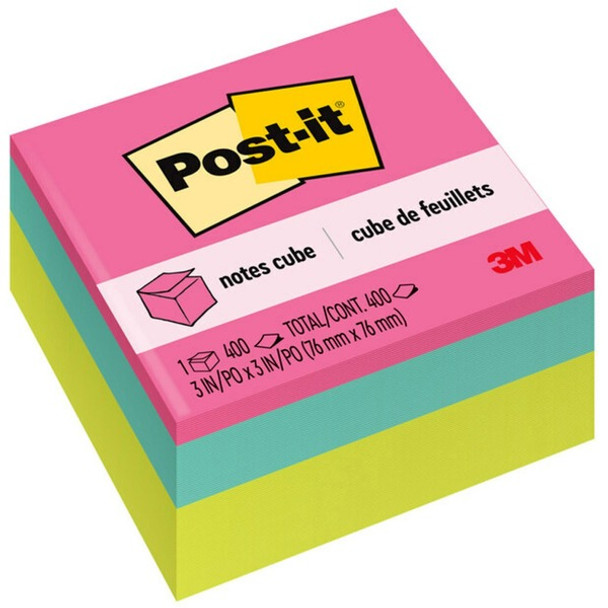 Post-it&reg; Super Sticky Notes Cubes - 3" x 3" - Square - 400 Sheets per Pad - Power Pink, Aqua Splash, Acid Lime - Sticky, Adhesive - 1 Pack