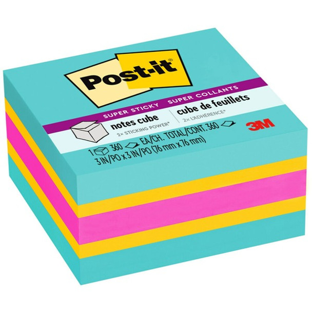 Post-it&reg; Super Sticky Notes Cube - 3" x 3" - Square - 360 Sheets per Pad - Aqua Splash, Sunnyside, Power Pink - Paper - Sticky, Recyclable - 1 / Pack