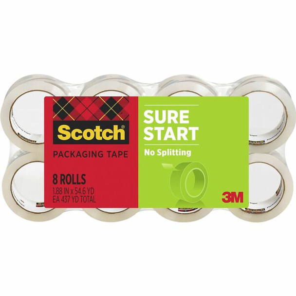 Scotch Sure Start Packaging Tape - 54.60 yd Length x 1.88" Width - 2.6 mil Thickness - 3" Core - Synthetic Rubber Resin - For Mailing, Moving, Sealing, Packing - 8 / Pack - Clear