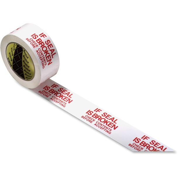 Scotch Preprinted Message Seal Broken Tape - 109.36 yd Length x 1.88" Width - 3" Core - 1.20 mil - Polypropylene Film Backing - For Sealing - 1 / Roll - White, Red