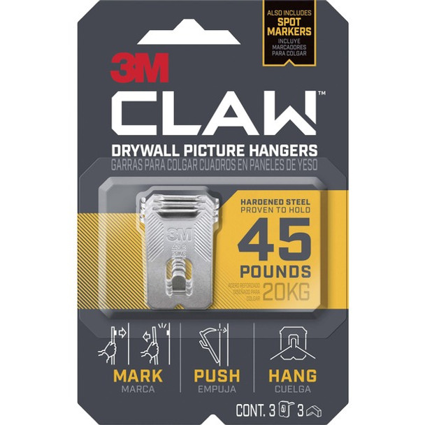 3M CLAW Drywall Picture Hanger - 45 lb (20.41 kg) Capacity - for Pictures, Project, Mirror, Frame, Art, Home, Decoration - Steel - Gray - 3 / Pack