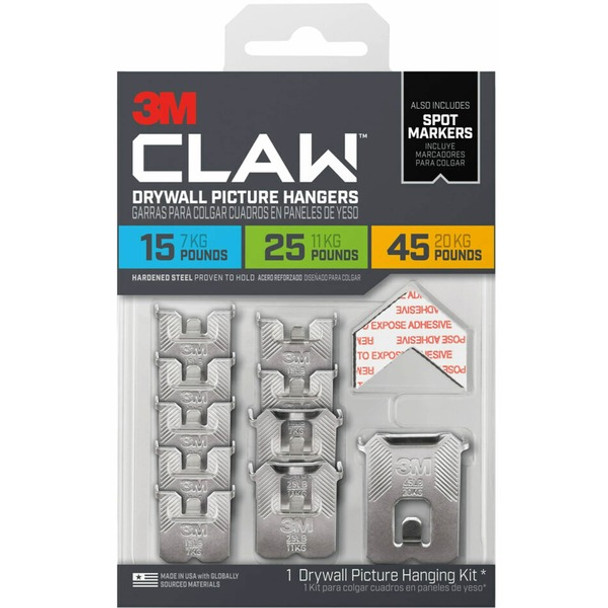 3M CLAW Drywall Picture Hanger - 45 lb (20.41 kg), 25 lb (11.34 kg), 15 lb (6.80 kg) Capacity - 2" Length - for Pictures, Project, Mirror, Frame, Home, Decoration - Steel - Gray - 10 / Pack