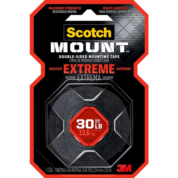 Scotch-Mount Extreme Double-Sided Mounting Tape - 5 ft Length x 1" Width - 1 Roll - Black
