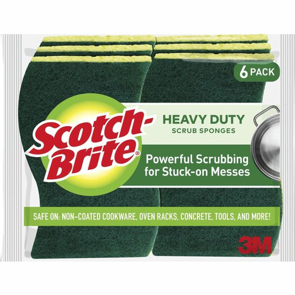 Scotch-Brite Heavy-Duty Scrub Sponges - 2.8" Height x 4.5" Width x 0.6" Depth - 6/Pack - Green, Yellow