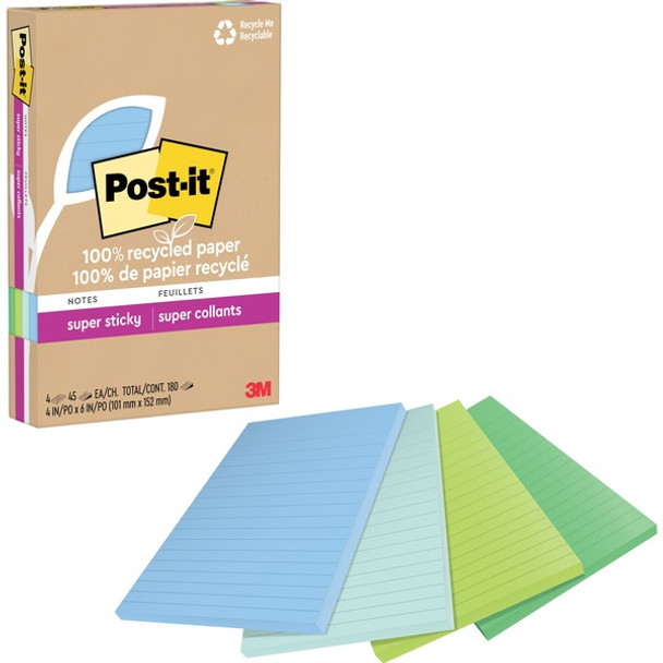 Post-it&reg; Super Sticky Adhesive Note - 180 - 4" x 6" - 45 Sheets per Pad - Assorted Oasis - Removable, Repositionable, Recyclable - 4 Pad - Recycled