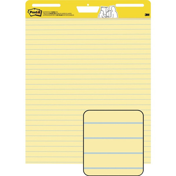 Post-it&reg; Self-Stick Easel Pads with Faint Rule - 30 Sheets - Stapled - Feint Blue Margin - 18.50 lb Basis Weight - 25" x 30" - Yellow Paper - Self-adhesive, Repositionable, Resist Bleed-through, Removable, Sturdy Back, Cardboard Back - 2 / Carton