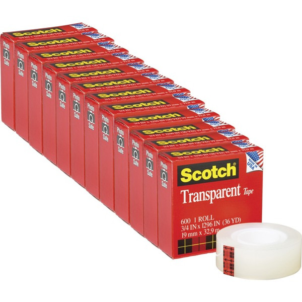 Scotch Transparent Tape - 3/4"W - 36 yd Length x 0.75" Width - 1" Core - Stain Resistant, Moisture Resistant, Long Lasting - For Multipurpose, Mending, Packing, Label Protection, Wrapping - 12 / Pack - Clear