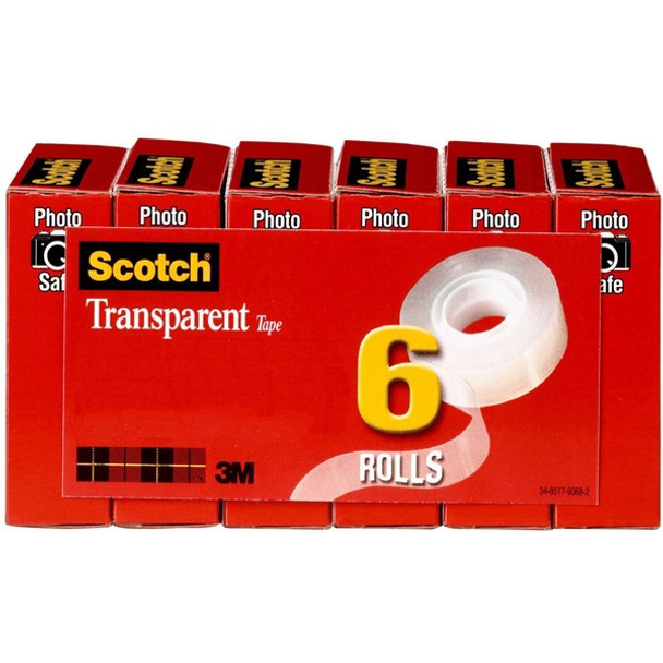 Scotch Transparent Tap - 3/4"W - 36 yd Length x 0.75" Width - 1" Core - Stain Resistant, Moisture Resistant, Long Lasting - For Wrapping, Sealing, Mending, Label Protection - 6 / Pack - Clear