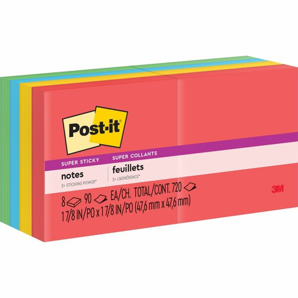 Post-it&reg; Super Sticky Notes - Playful Primaries Color Collection - 720 - 2" x 2" - Square - 90 Sheets per Pad - Unruled - Candy Apple Red, Sunnyside, Lucky Green, Blue Paradise - Paper - Self-adhesive - 8 / Pack