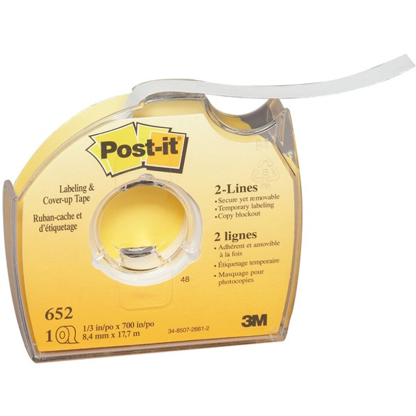 Post-it&reg; Labeling/Cover-up Tape - 0.33" Width x 58.33 ft Length - 2 Line(s) - White Tape - Removable - 1 / Roll - White