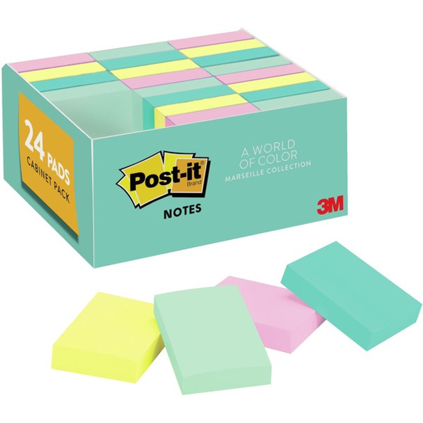 Post-it&reg; Notes Value Pack - Beachside Caf&eacute; Color Collection - 2400 - 1.50" x 2" - Rectangle - Unruled - Fresh Mint, Aqua Splash, Sunnyside, Papaya Fizz - Paper - Self-adhesive, Repositionable - 24 / Pack