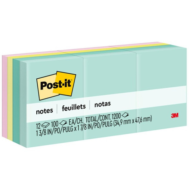 Post-it&reg; Notes - Beachside Caf&eacute; Color Collection - 1200 - 1.50" x 2" - Rectangle - 100 Sheets per Pad - Unruled - Fresh Mint, Aqua Splash, Sunnyside, Papaya Fizz, Guava - Paper - Self-adhesive, Repositionable - 12 / Pack