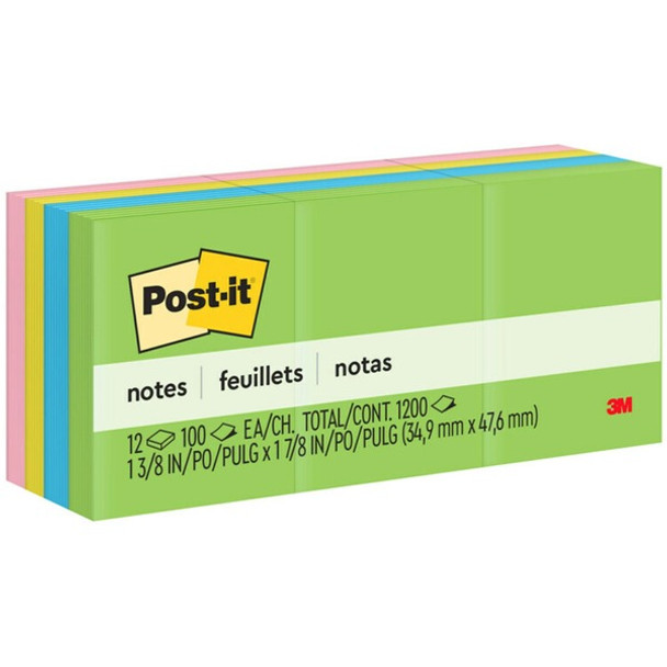 Post-it&reg; Notes Original Notepads - Floral Fantasy Color Collection - 1200 - 1.50" x 2" - Rectangle - 100 Sheets per Pad - Unruled - Limeade, Citron, Positively Pink, Iris Infusion, Blue Paradise - Paper - Self-adhesive, Repositionable - 12 / Pack