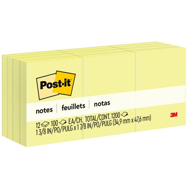 Post-it&reg; Notes Original Notepads - 1.38" x 1.88" - Rectangle - 100 Sheets per Pad - Unruled - Canary Yellow - Paper - Self-adhesive, Repositionable - 12 / Pack