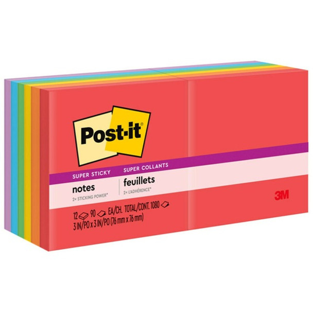 Post-it&reg; Super Sticky Notes - Playful Primaries Color Collection - 1080 - 3" x 3" - Square - 90 Sheets per Pad - Unruled - Candy Apple Red, Vital Orange, Sunnyside, Lucky Green, Blue Paradise, Iris Infusion - Paper - Self-adhesive - 12 / Pack