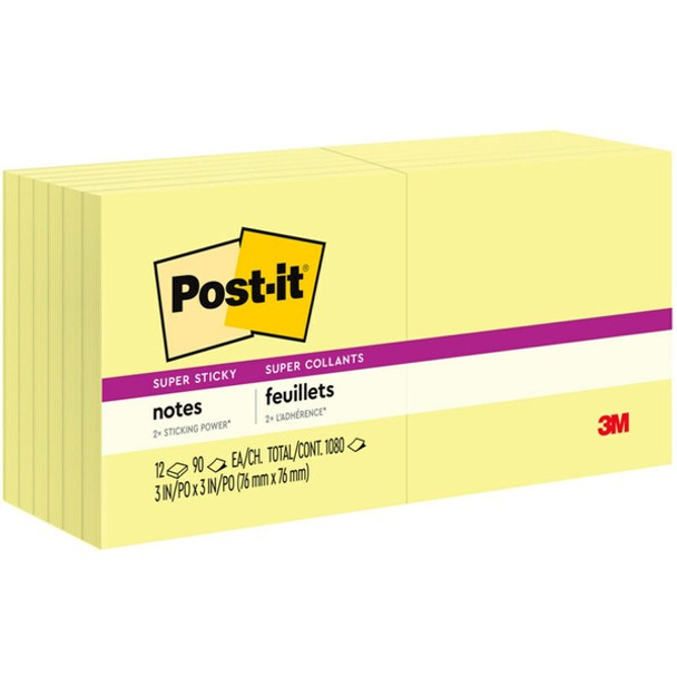 Post-it&reg; Super Sticky Notes - 1080 - 3" x 3" - Square - 90 Sheets per Pad - Unruled - Canary Yellow - Paper - Self-adhesive - 12 / Pack