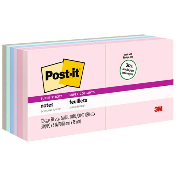 Post-it&reg; Super Sticky Recycled Notes - Wanderlust Pastels Color Collection - 1080 - 3" x 3" - Square - 90 Sheets per Pad - Unruled - Pink Salt, Positively Pink, Orchid Frost, Fresh Mint, Pebble Gray - Paper - Self-adhesive - 12 / Pack - Recycled